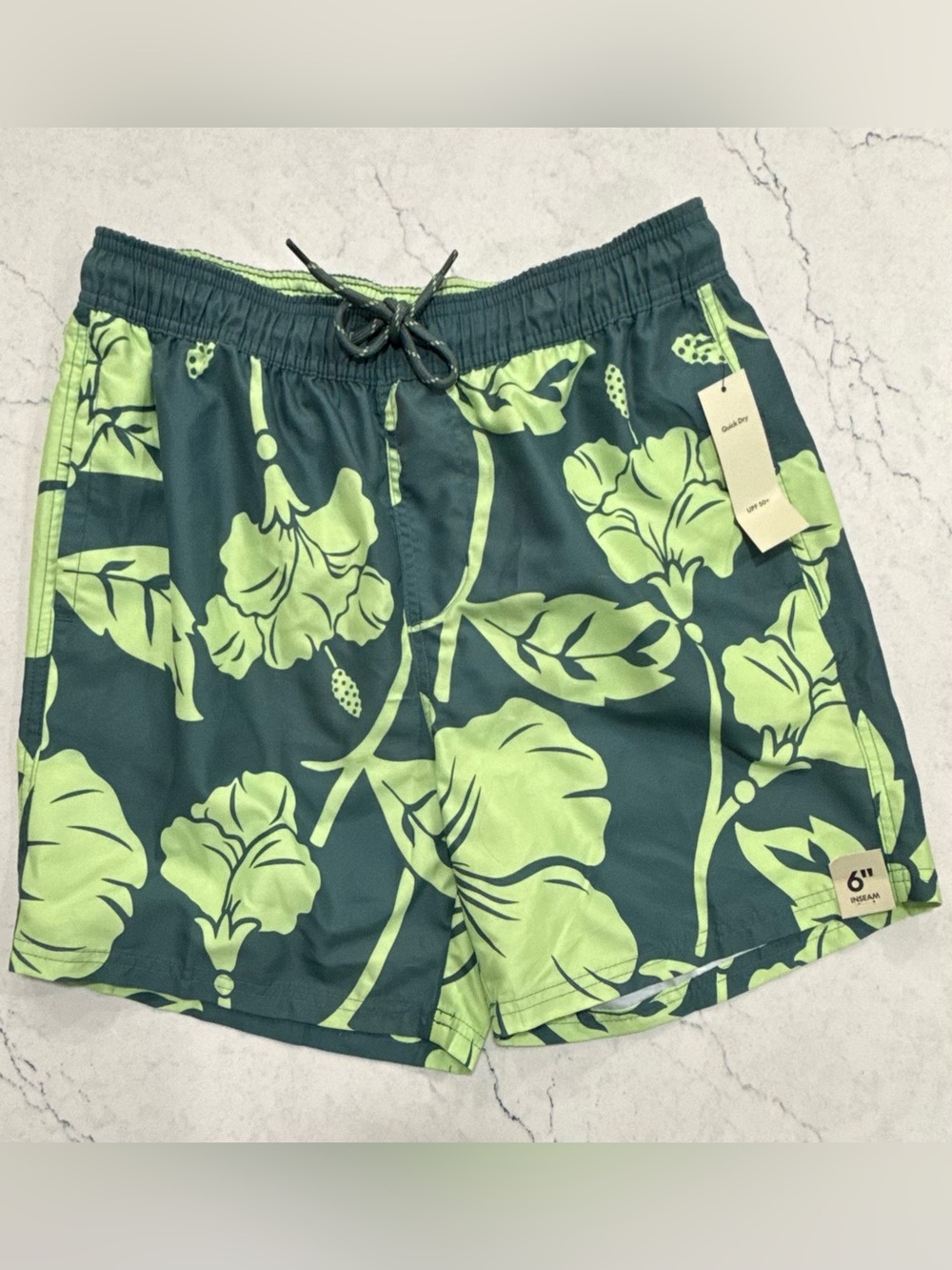 No Boundaries Men's Dark green Swim Trunks with Lime Green Floral Print NWT